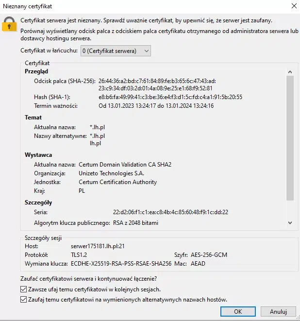 filezilla-nieznany-certyfikat-serwera